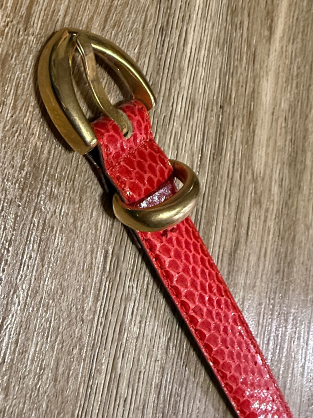 Women's Red Textured Genuine Snake Skin Belt with Gold Buckle